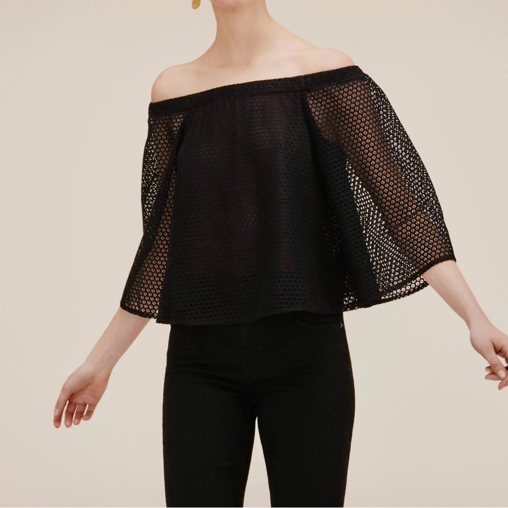 Maje Black Mesh Blouse Small Sheer Eyelet Bardot Top Designer whimsigoth crop